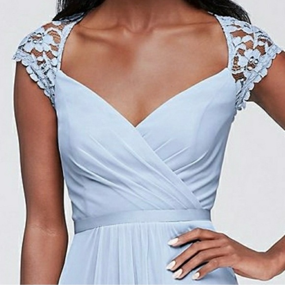 Long Mesh Dress with Cap Sleeves Ice Blue David’s Bridal Dress - Picture 2 of 5